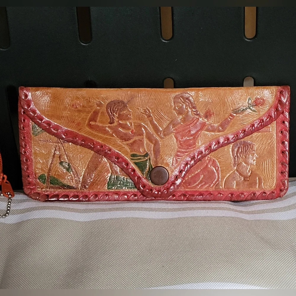 Vtg Handcrafted Tooled Gen.Leather Eyeglass Case/Wallet and Camel Coin-Key P…